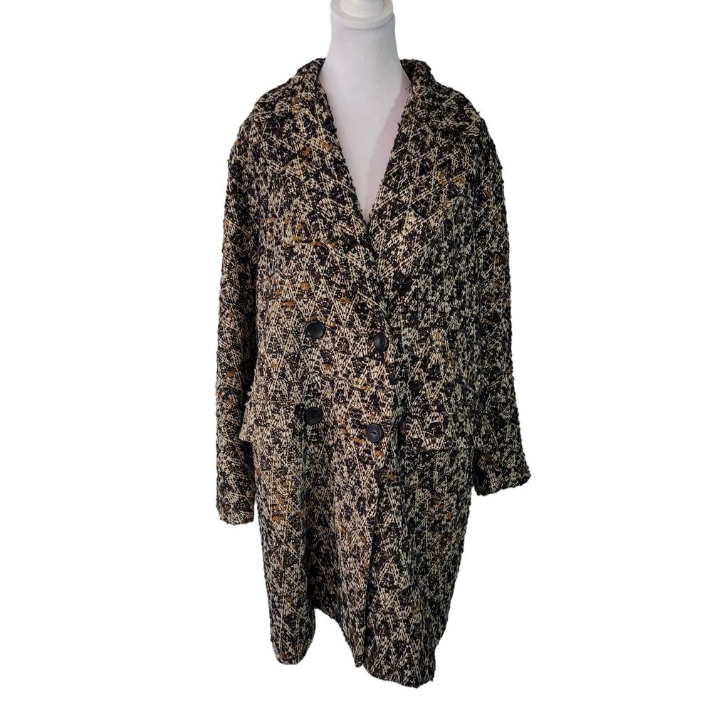 Zara Size S Tweed Double Breasted Jacket Women Brown Black Wool Blend Overcoat